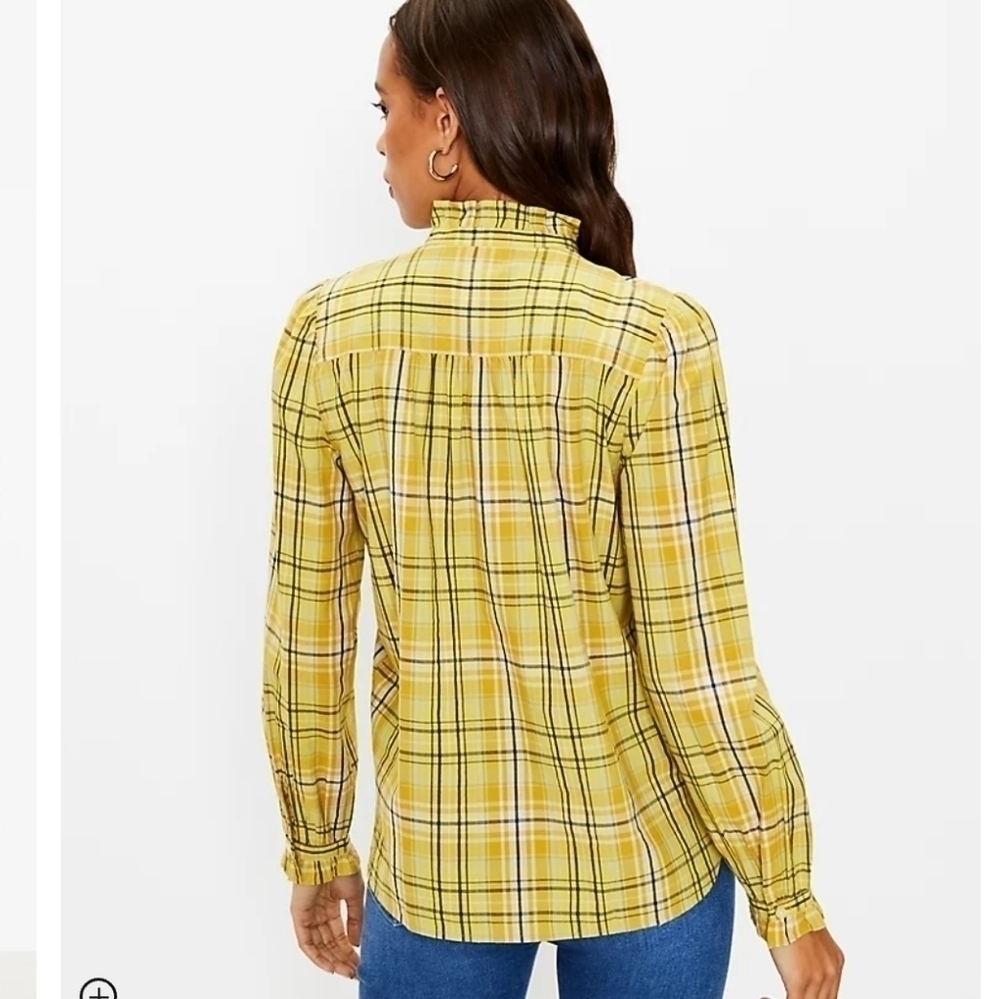 Loft Women's Yellow Plaid Long Sleeve Button Up Ruffle Shirt Size Large - Picture 2 of 12